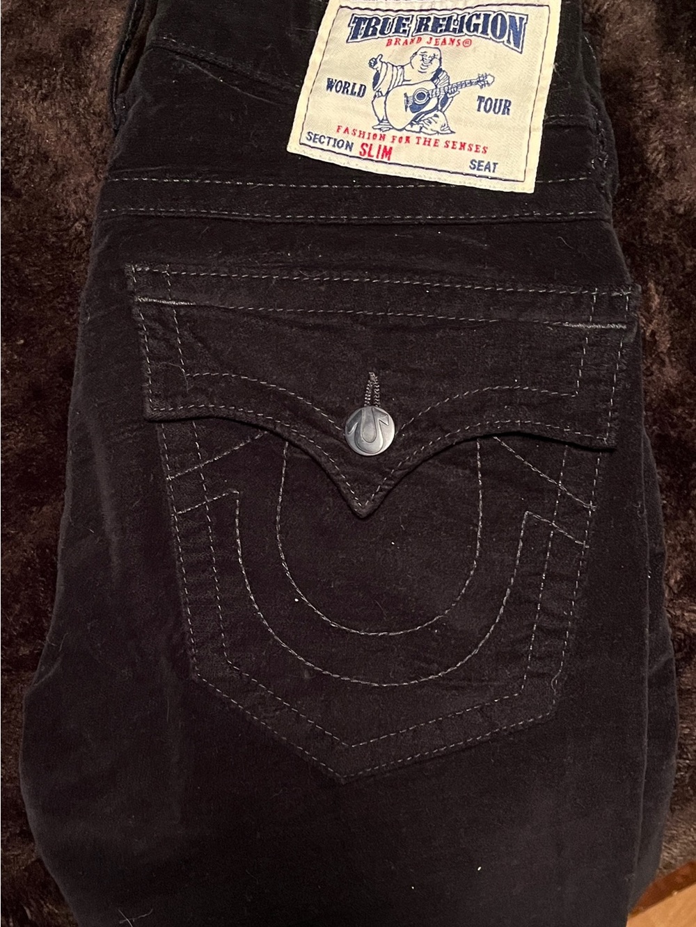 True Religion Men Slim Jeans in Black with Signature Flap Pocket